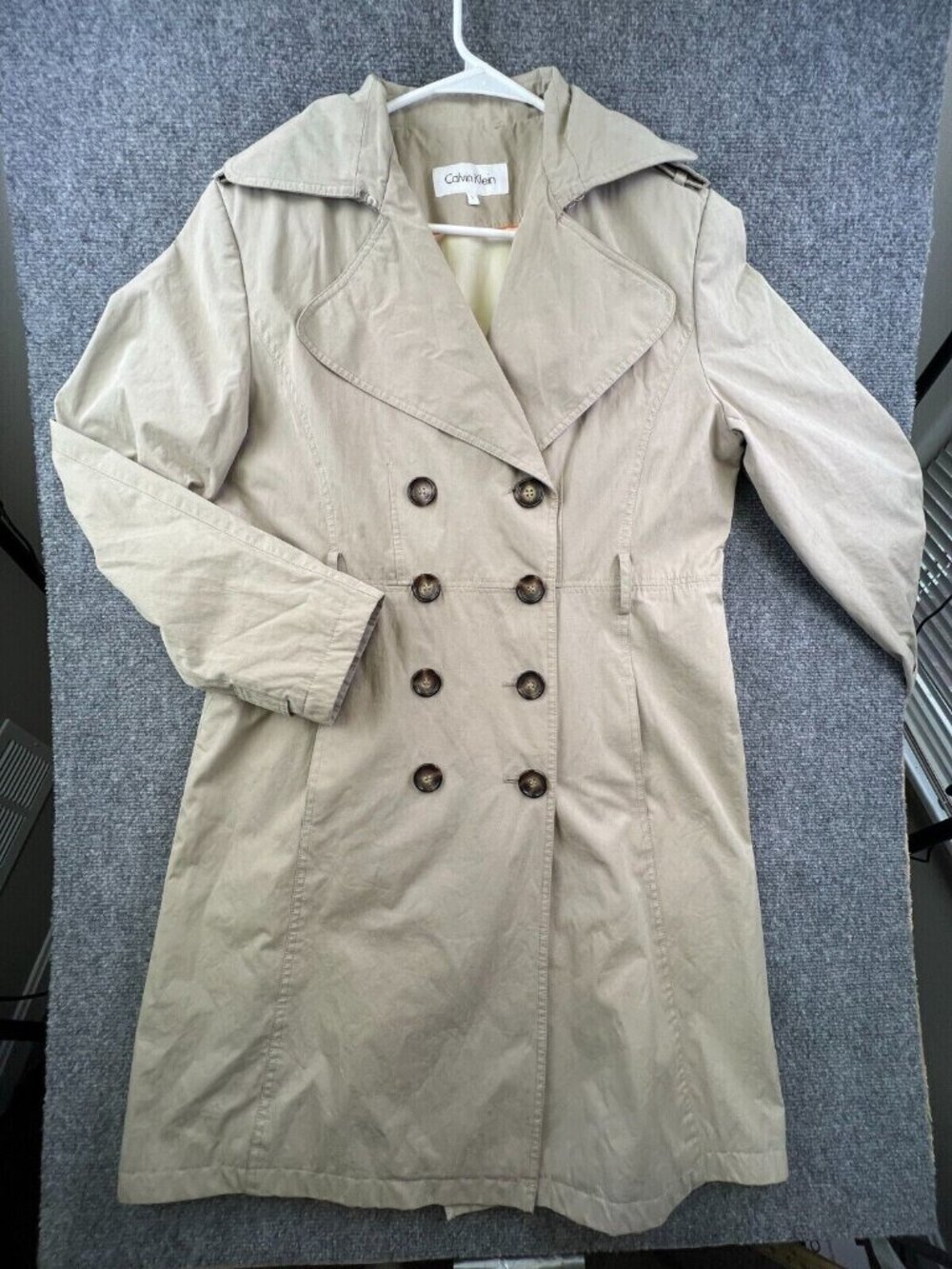 Calvin Klein Peacoat Women Large Beige Button Up Casual Modern Lined